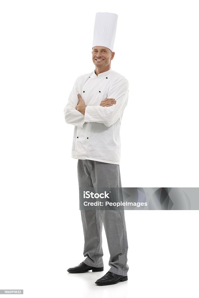 Master chef! Full length studio shot of a smiling chef isolated on white Chef Stock Photo