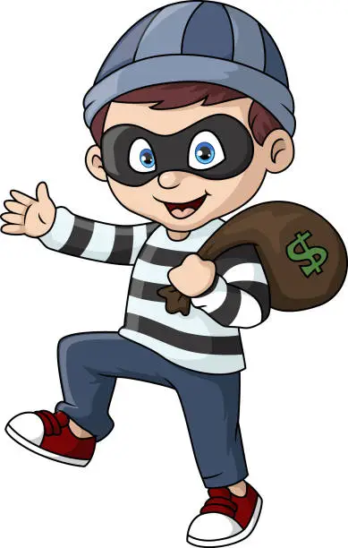 Vector illustration of Cute thief cartoon carrying a bag