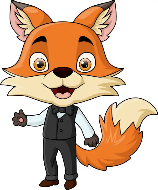 Vector illustration of Cute fox cartoon wearing black suit