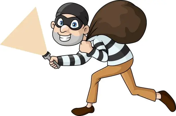 Vector illustration of Cute thief cartoon walking and carrying a bag with flashlight