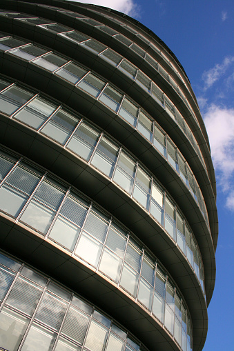 Low angle view of the GLA City Hall Building, London, UK, 19 February 2012.