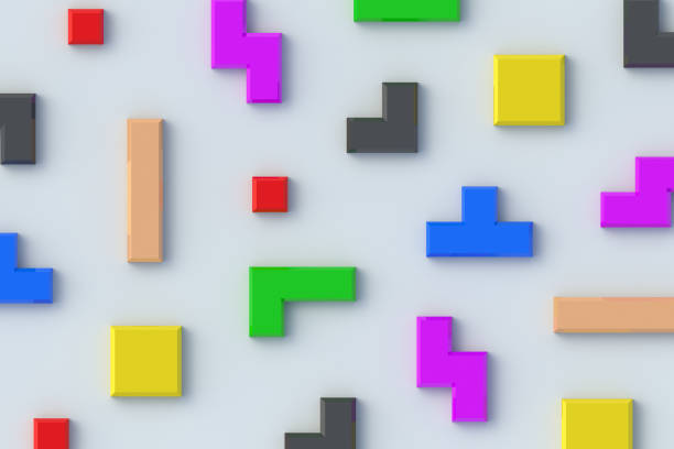 istock Scattered geometric blocks for game. Toy bricks for conundrum. Logical thinking. Leisure concept. Construction cubes. Retro puzzle. 3d render 1865931560