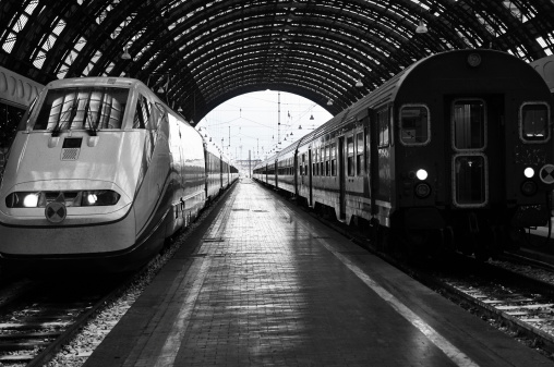 Railroad Station with train. Black and White
