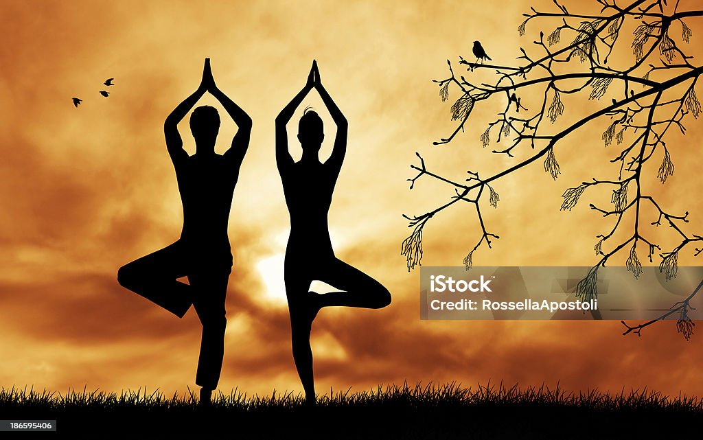 A man and woman doing yoga outside at sunset  illustration of couple doing yoga at sunset Yoga stock illustration
