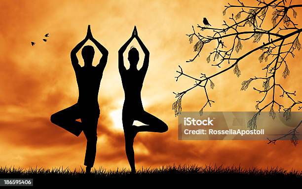 A Man And Woman Doing Yoga Outside At Sunset Stock Illustration - Download Image Now - Yoga, Couple - Relationship, In Silhouette