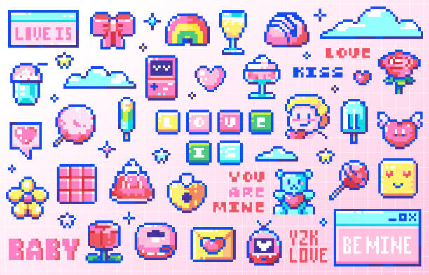 ilustrações de stock, clip art, desenhos animados e ícones de pixel art love and romantic icons. 8 bit style stickers of pixelated valentine's day y2k stuff - 2000s game consoles, cupid with wings, hearts emoji, toys, sweets, desktop elements, test messages. - valentines day love nerd couple