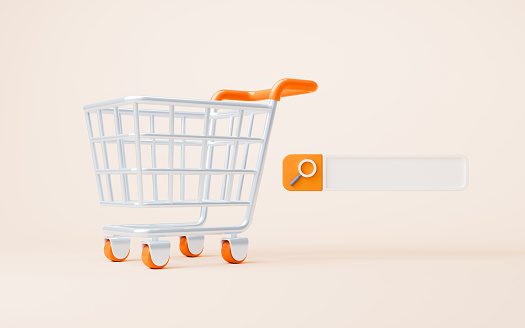 Cartoon shopping cart with shopping theme, 3d rendering. Digital drawing.