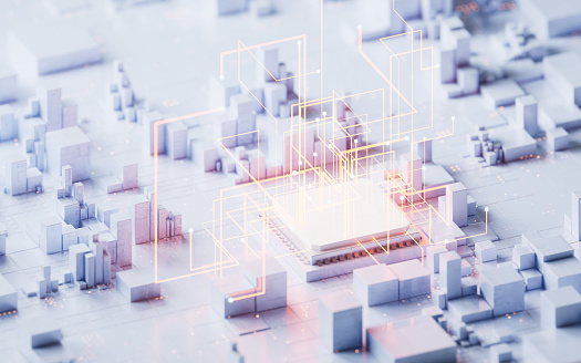 Technology circuit board and core, 3d rendering. 3D illustration.