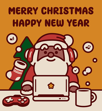 Cute Christmas Characters Vector Art Illustration.
Adorable black Santa Claus wearing a headset and using a laptop wishes you a Merry Christmas and a Happy New Year.