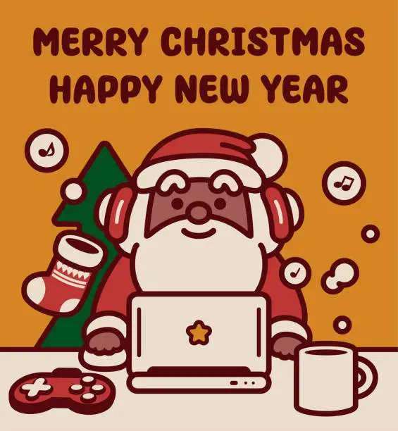 Vector illustration of Adorable black Santa Claus wearing a headset and using a laptop wishes you a Merry Christmas and a Happy New Year
