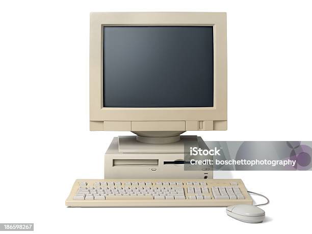 Old White Desktop Pc Computer With A Keyboard And Mouse Stock Photo - Download Image Now