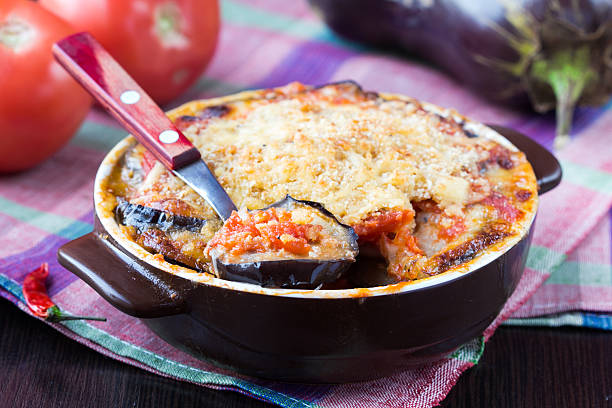 Tasty Italian dish, appetizer with eggplant, cheese and tomato stock photo