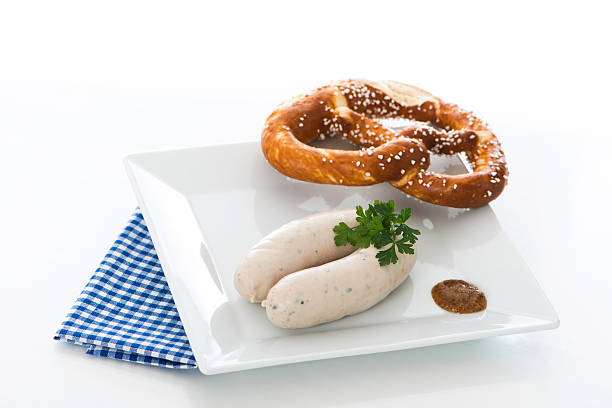 veal sausage breakfast Veal sausage breakfast with pretzel and mustard weisswurst photos stock pictures, royalty-free photos & images