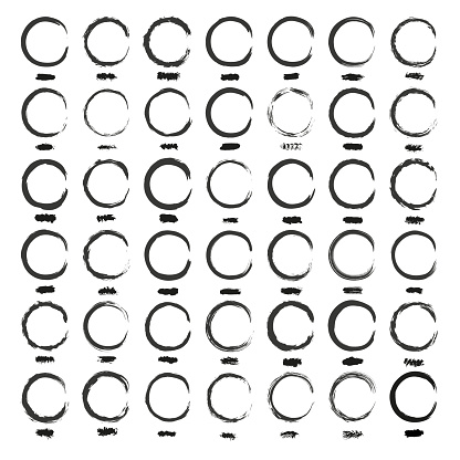 Set of hand drawn painted black grunge brushes and round frames examples isolated on white background.