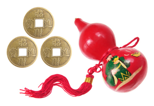 Chinese Gourd Decoration and Antique Coins on White Background