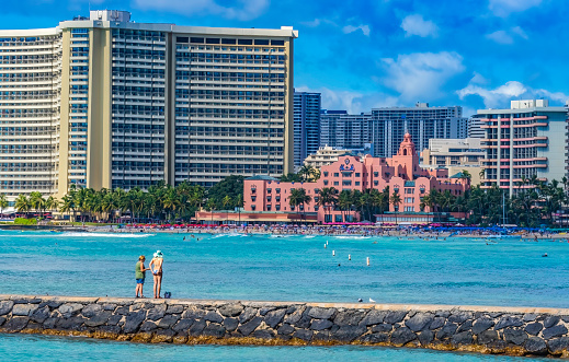 Colorful Hotels Swimmers Surfers Waikiki Beach Pacific Ocean Honolulu Oahu Hawaii