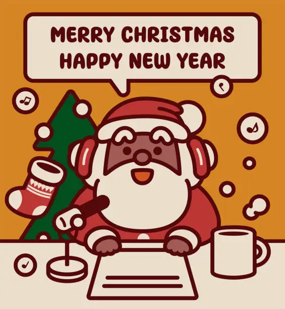 Vector illustration of An adorable black Santa Claus radio host or podcaster wearing a headset is producing a radio show or live stream to wish you a Merry Christmas and a Happy New Year