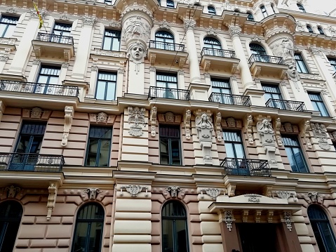 Art nouveau facade buildings and architecture in Riga Latvia. Art nouveau architecture