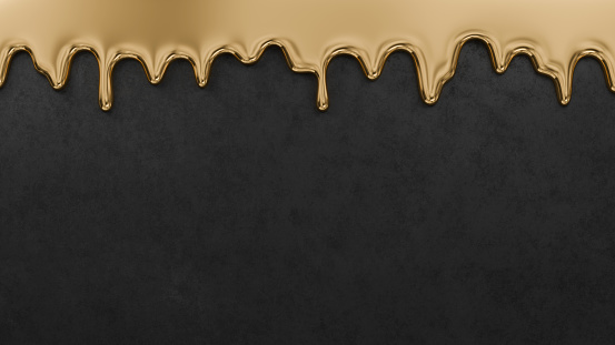 Melted gold flowing down on black concrete background. 3D rendered image