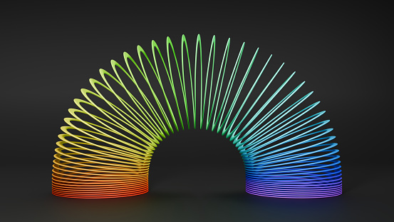 Colorful slinky toy set. Isolated rainbow spring. 3D rendering