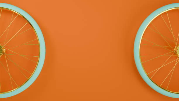 Lime color bicycle wheels on orange background. 3D rendering.