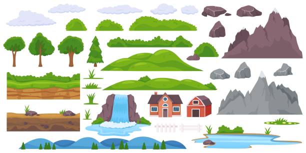 ilustrații de stoc cu constructor de elemente peisagistice. obiecte naturale din diferite zone geografice. diverse copaci sau pietre. cascada râului. munte pitoresc și dealuri. casă țărănească. set vectorial recent - deal