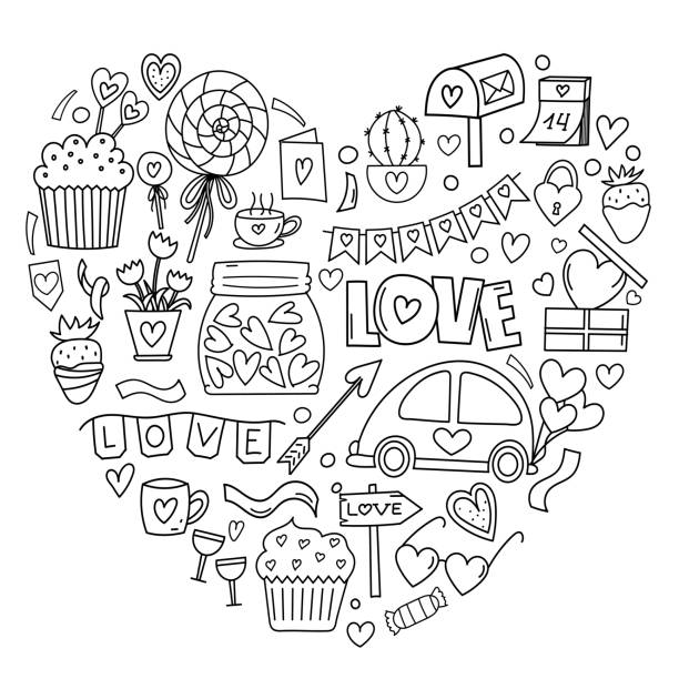 ilustraciones, imágenes clip art, dibujos animados e iconos de stock de conjunto de garabatos dibujados a mano en vector en forma de corazón para el día de san valentín para colorear - heart shape cute valentines day nostalgia