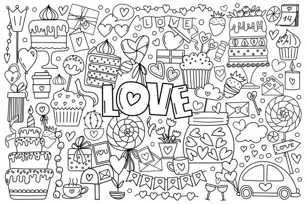 ilustraciones, imágenes clip art, dibujos animados e iconos de stock de garabato dibujado a mano en vector, dibujo para colorear antiestrés con temática del día de san valentín con corazones, caramelos y dulces - heart shape cute valentines day nostalgia