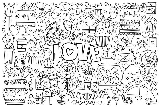 ilustrações, clipart, desenhos animados e ícones de desenho de doodle desenhado à mão em vetor, dia dos namorados temático anti-stress para colorir com corações, doces e doces - heart shape cute valentines day nostalgia