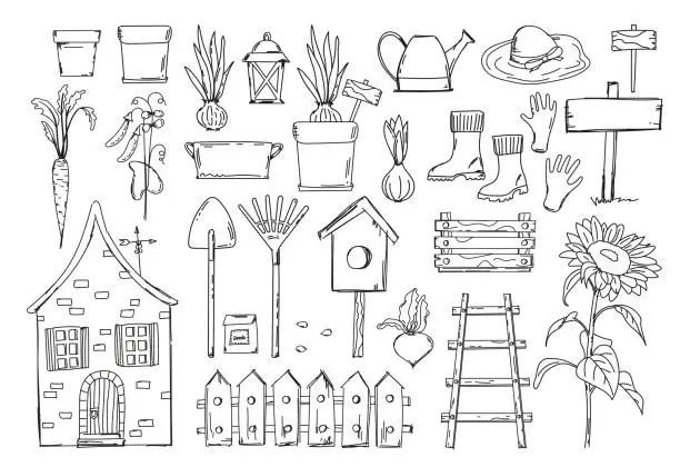 Vector illustration of Hand-Drawn Doodle Set In Vector, Garden-Themed Anti-Stress Coloring Page With House, Fence, Garden Tools, Vegetables
