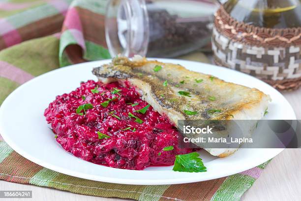 Fried Fish Fillet Of Perch With Mashed Beet And Potato Stock Photo - Download Image Now