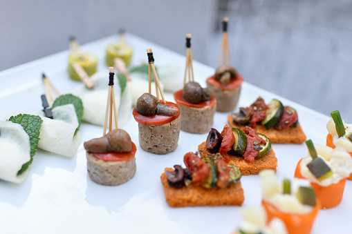 Small Canapes appetizers at the wedding