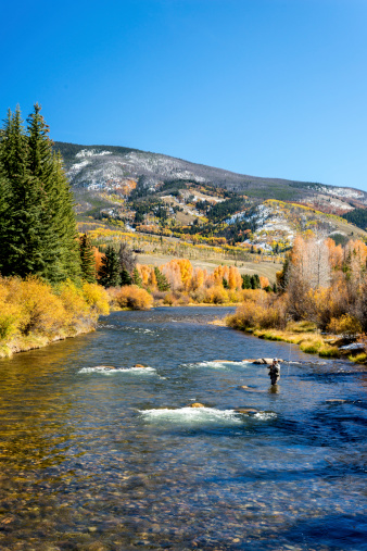 A woman fly-fishing in the Blue River, north of Silverthorne, Summit County, Colorado.  Image captured in the early fall after a light snowfall.