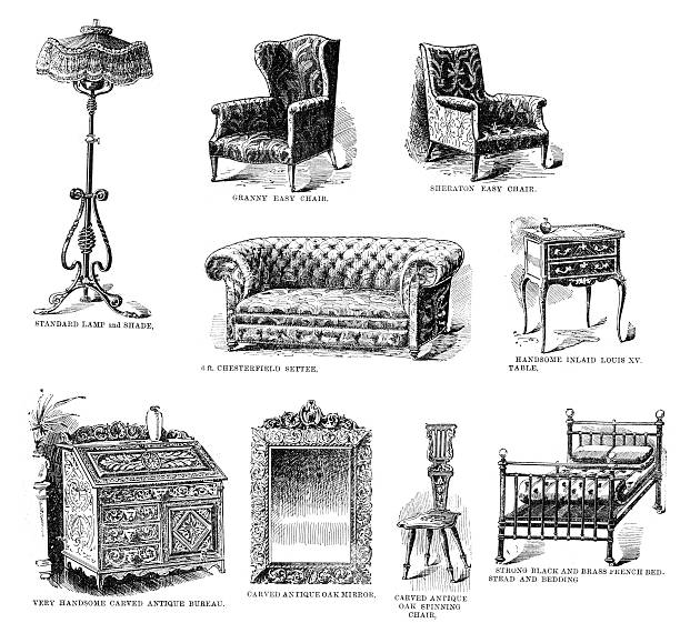 Victorian Household Furniture Vintage engraving showing Victorian Household Furniture, Lamp, Chairs, Settee, bed and tables. 1898 bed furniture illustrations stock illustrations