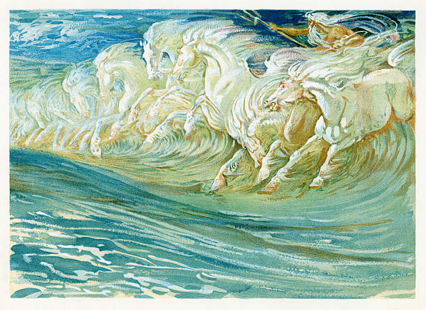 ilustraciones, imágenes clip art, dibujos animados e iconos de stock de neptune's caballos - mitologia griega