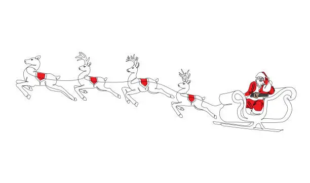 Vector illustration of Santa Claus and Reindeer Continuous Line Drawing with Editable Stroke and Color Highlights