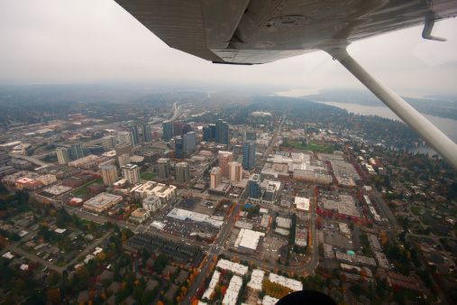 The downtown city of Bellevue, Washington, USA, shot from a small private airplane.