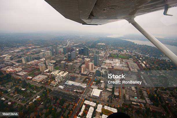 Downtown Belleview From The Air Stock Photo - Download Image Now - Airplane, Puget Sound, Aircraft Wing