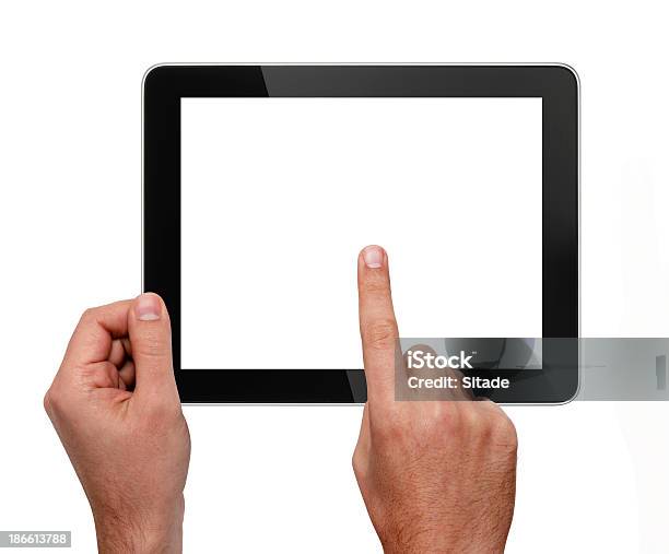 Tablet Digital E As Mãos Com Quatro Linhas De Recorte - Fotografias de stock e mais imagens de Apontar - Sinal Manual