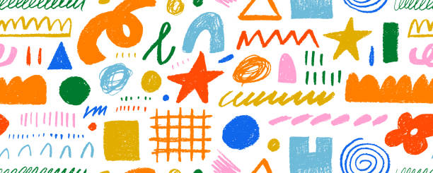 Bright colored seamless banner design background with charcoal childish shapes. Hand drawn pencil doodles, squiggles and scribbles in Memphis simple style. Sketchy colorful seamless pattern.