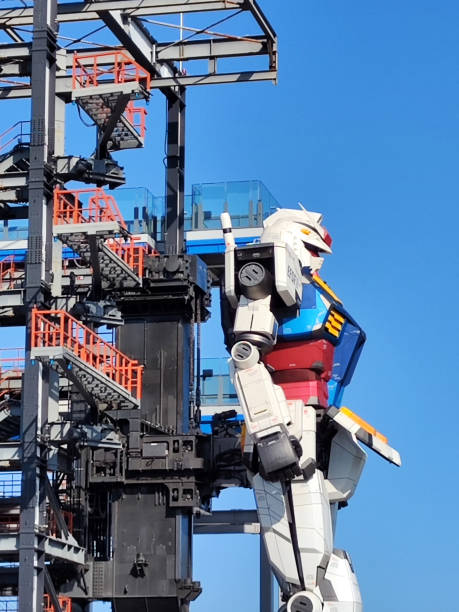 View of the Gundam Factory Yokohama, an entertainment complex located at Yamashita Pier in Yokohama, Japan. Its main feature is a moving Gundam, an 18-metre tall pilot-operated \