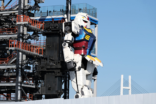 View of the Gundam Factory Yokohama, an entertainment complex located at Yamashita Pier in Yokohama, Japan. Its main feature is a moving Gundam, an 18-metre tall pilot-operated \
