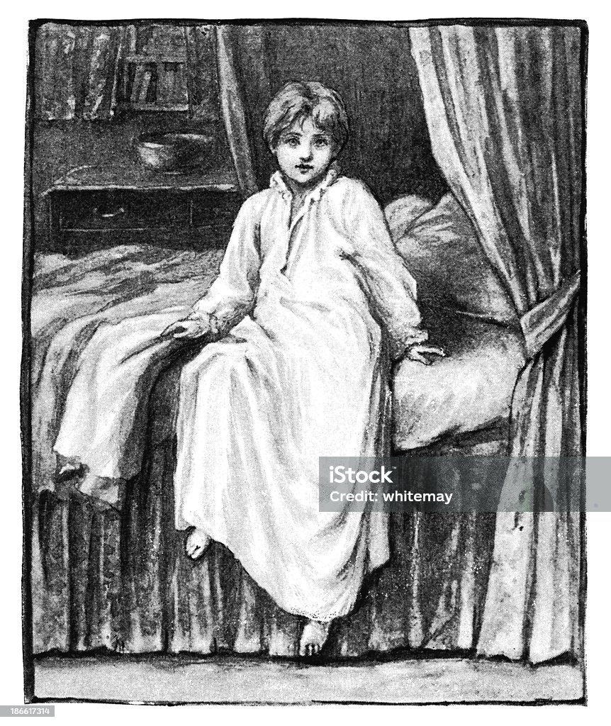 Victorien petit garçon assis sur son lit dans une robe de soirée - Illustration de 1890-1899 libre de droits