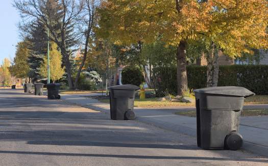 Garbage disposal bins line a neighborhood street and await emptying.  The bins contents must not exceed the lid so as to push it upwards and open or they will not be emptied according to city regulations.  These particular bins are seen in the city of Saskatoon, Saskatchewan (Canada).