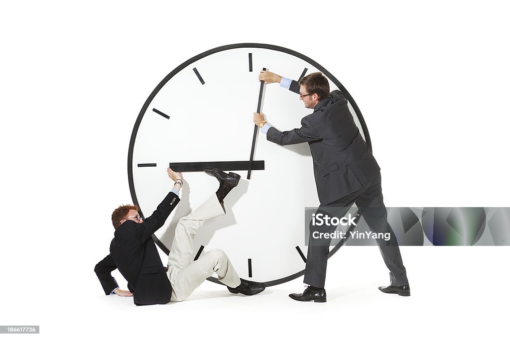 Uomo Business Team difficoltà con la gestione del tempo e di scadenza - Foto stock royalty-free di Orologio