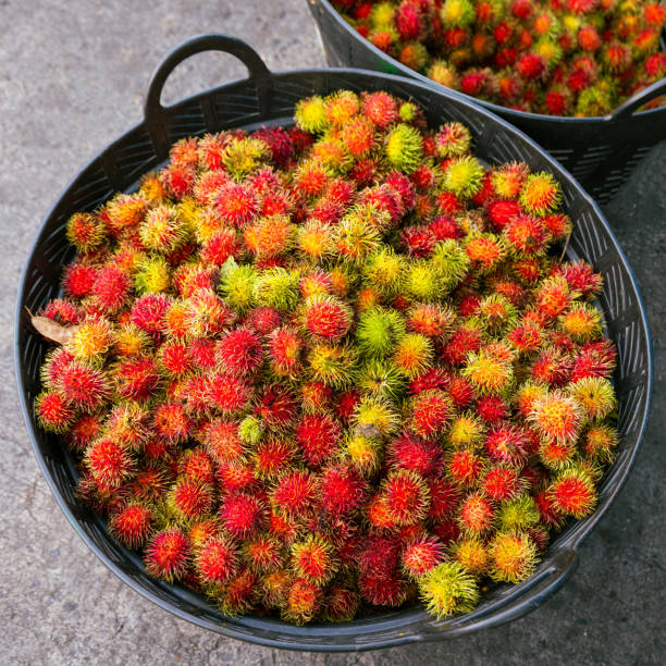 Many red rambutans in basket for sell.