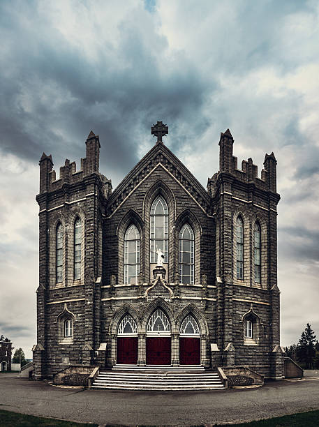 A massive stone church under looming skies.