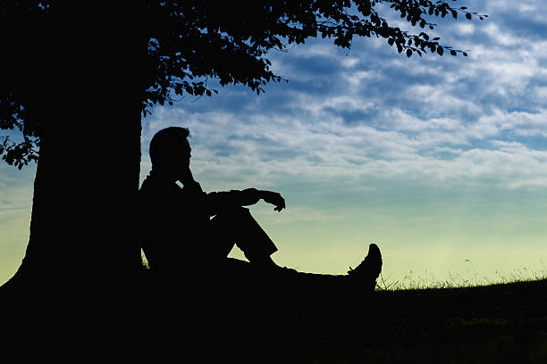 istock Man silhouette in cloudy day sitting under tree calling outdoor 186621726