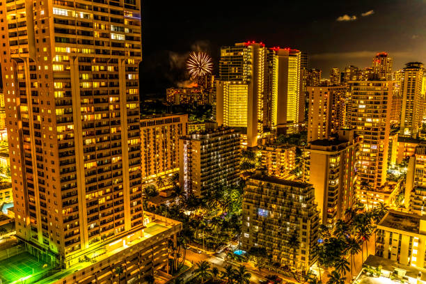 This stunning panoramic shot captures the magic of Waikiki Beach at twilight, where the city lights of Honolulu meet the serene beauty of the Pacific Ocean. The transition from day to night paints the sky with warm hues, highlighting the iconic skyline and the gentle waves lapping the shore.