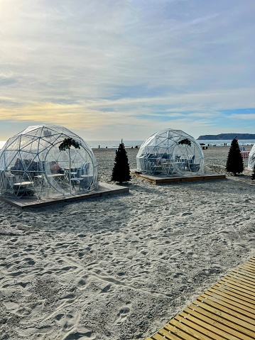 Coronado CA 12-9-2023  Views of the Christmas trees and outdoor igloos on the beach next to the Hotel Del Coronado